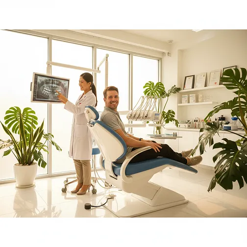 Thai dentist treating a patient in a modern clinic