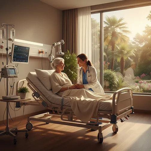 American retiree receiving medical treatment in a modern hospital abroad