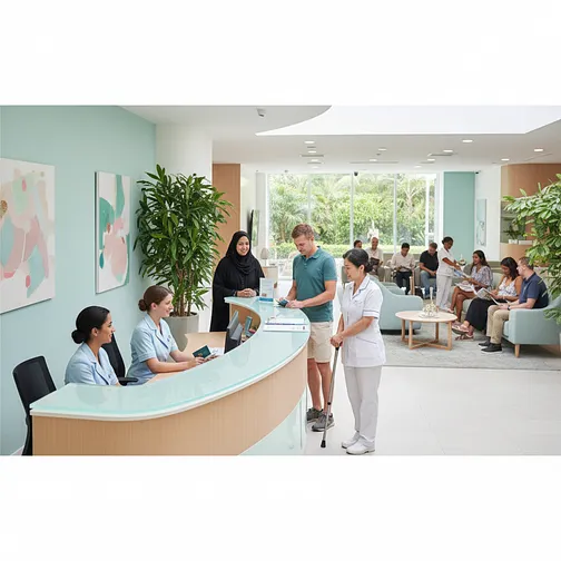 Patients checking in at a modern hospital in a medical tourism destination.