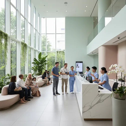 Modern hospital reception area in Bangkok welcoming international patients