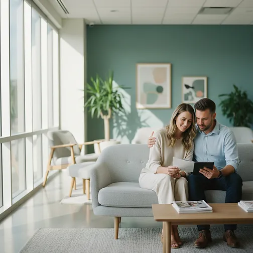Couple in a modern fertility clinic, looking hopeful and informed