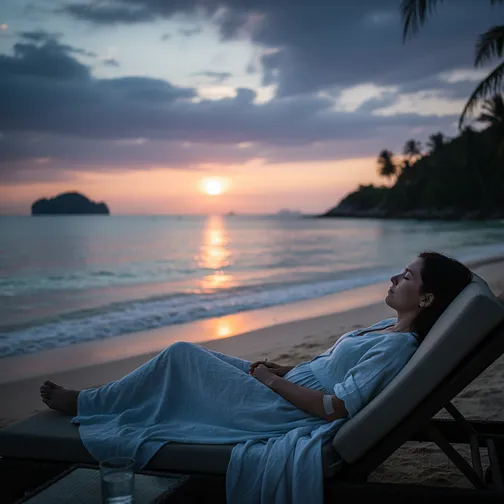 Woman recovering on a beach in Thailand after a medical procedure.