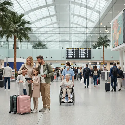 Patients traveling for medical reasons in an airport.
