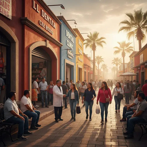 Dentists attending to patients in a dental clinic in Mexico.