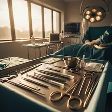 Close-up of a surgical instrument tray in an operating room, emphasizing the tools used for cosmetic surgery.