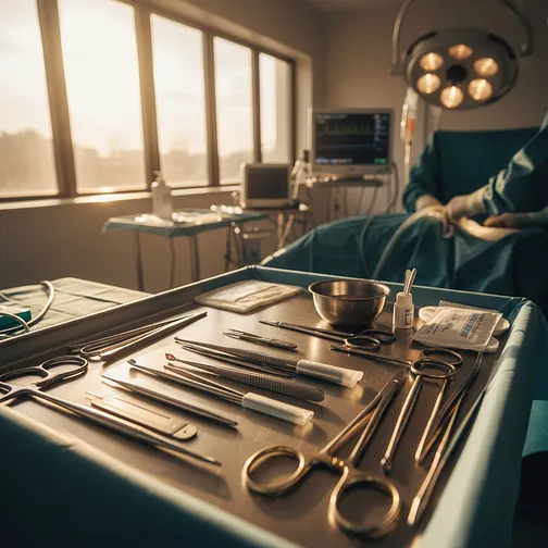 Close-up of a surgical instrument tray in an operating room, emphasizing the tools used for cosmetic surgery.