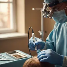 Surgeon performing a hair transplant procedure in a modern clinic