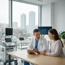 Patient consulting with a doctor in a foreign clinic