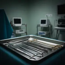 Surgical instruments in a dimly lit operating room, symbolizing risks in cosmetic surgery