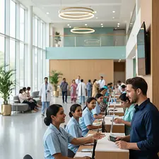 Indian hospital lobby with international patients receiving care