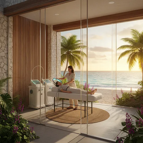 Patient receiving quantum biohacking treatment in a serene Caribbean setting